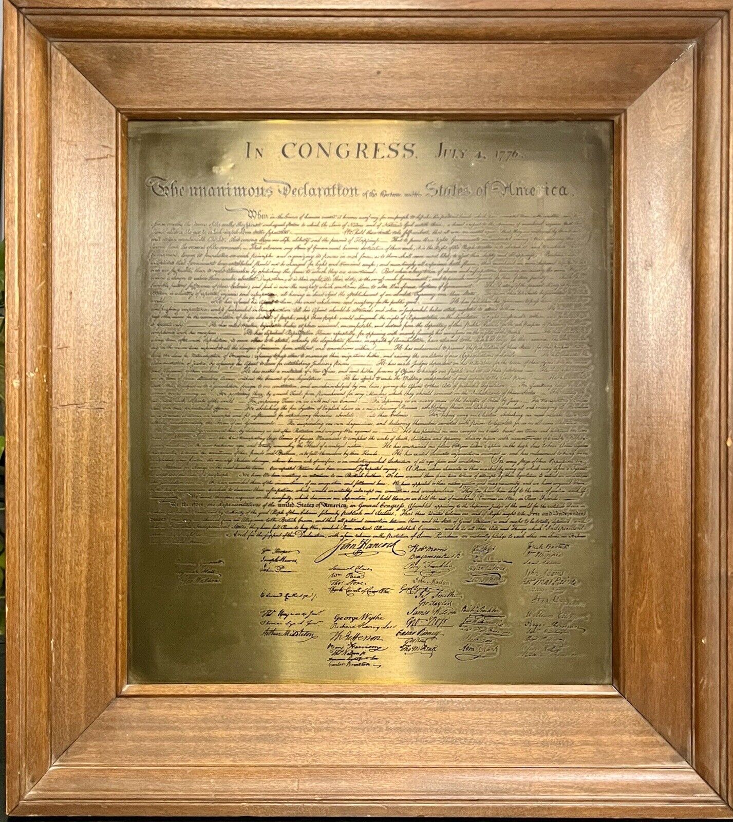 The Unanimous Declaration of the United States of America Engraved Brass Framed