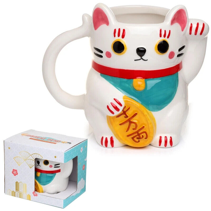 White Maneki Neko Lucky Cat Ceramic Shaped Mug 450ml Boxed Licensed Gift NEW