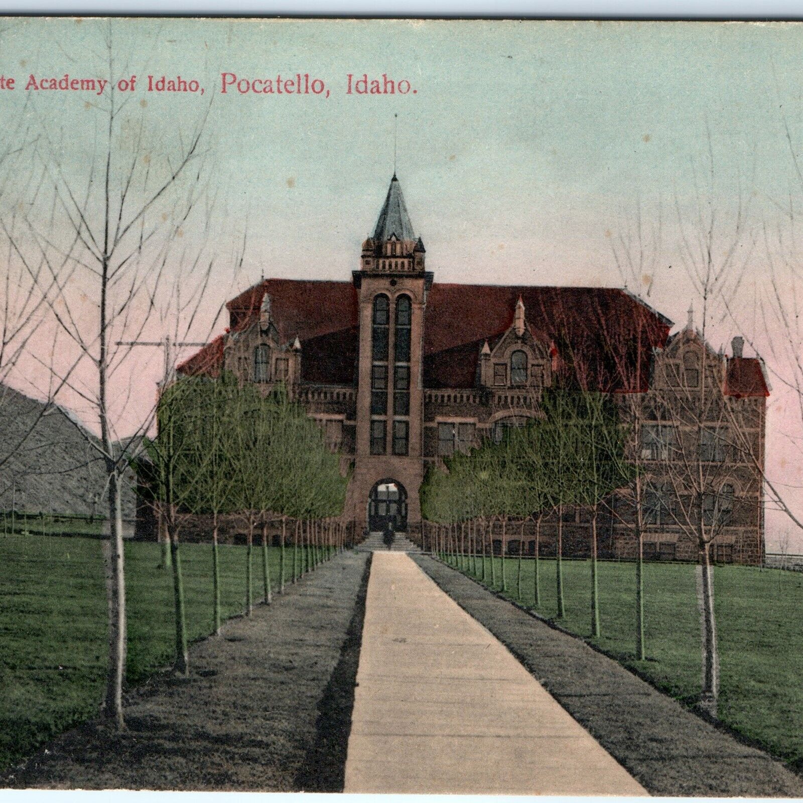 c1910s Pocatello, ID State Academy Bare Trees Rare View Postcard College A115