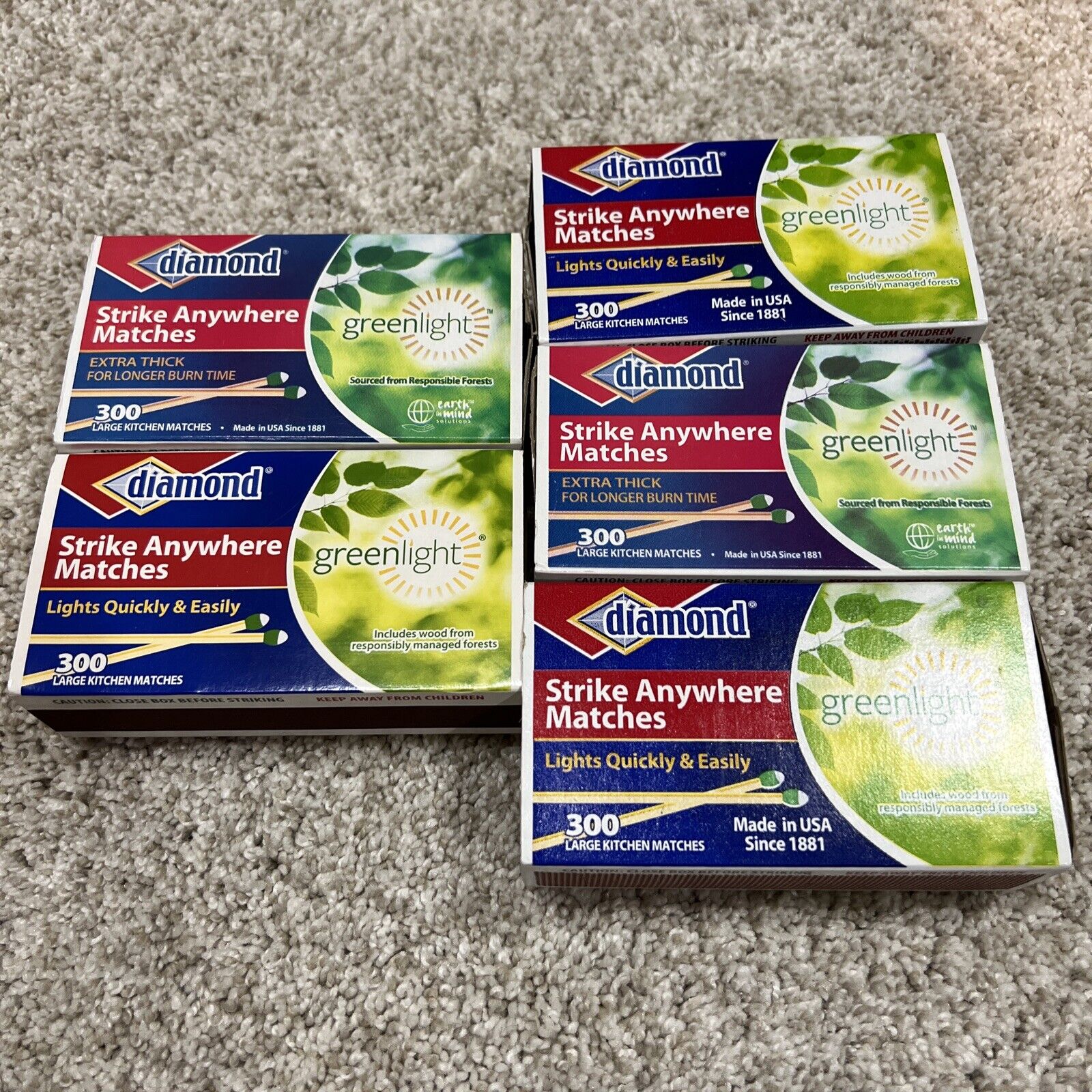 (5 Boxes) Greenlight Diamond Strike Anywhere Matches 300 Count Boxes
