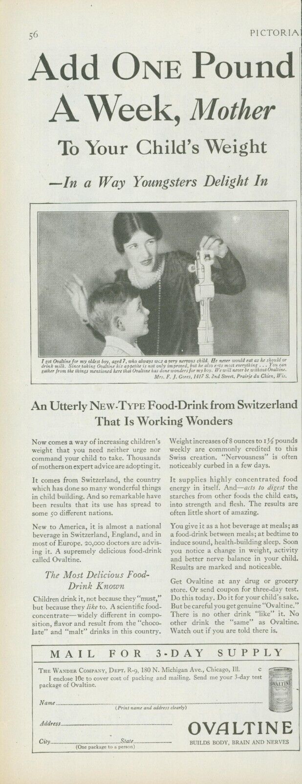 1928 Ovaltine New Food Drink Switzerland 1 Lb Week Child Weight Vtg Print Ad PR3