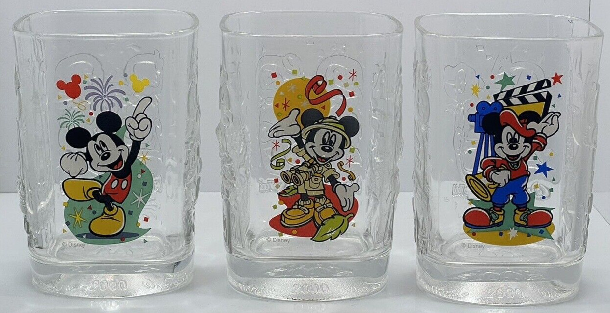 Vintage Mickey Mouse McDonald\'s Walt Disney Square Glasses Set of 3  from 2000 
