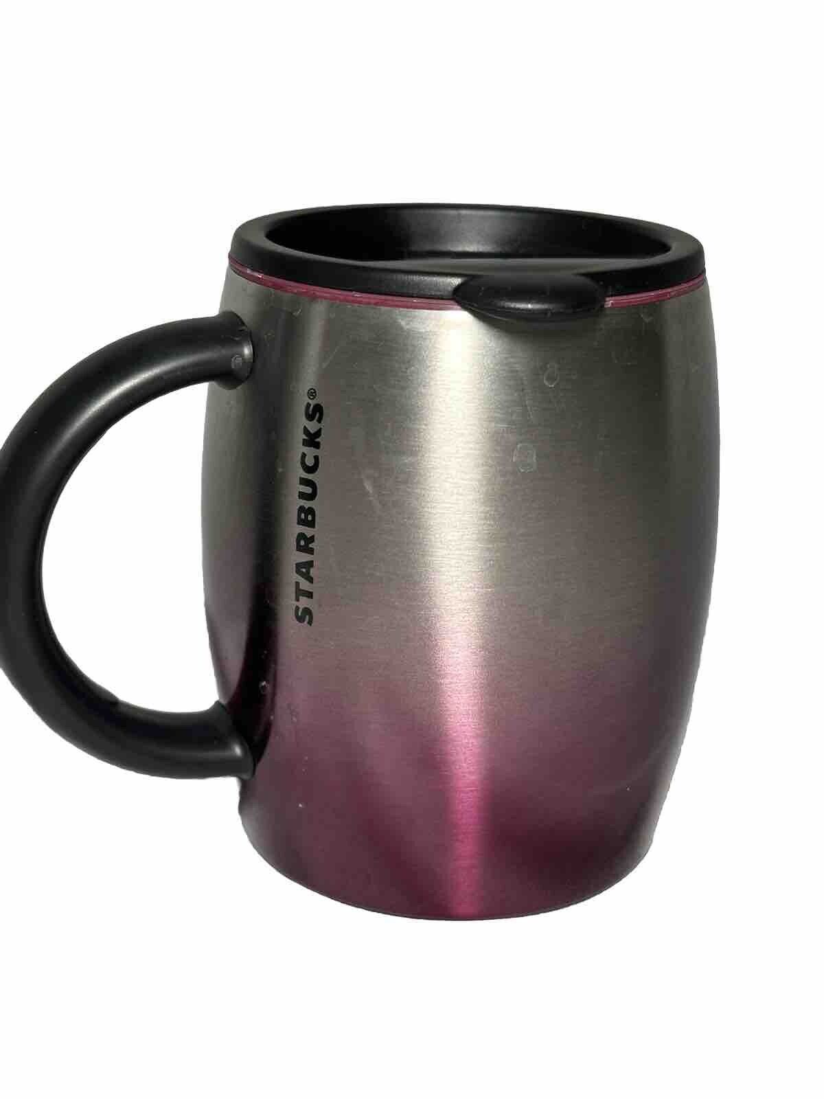 Starbucks Coffee Silver Pink Purple Stainless Steel Barrel Shape Mug 14 oz w/Lid