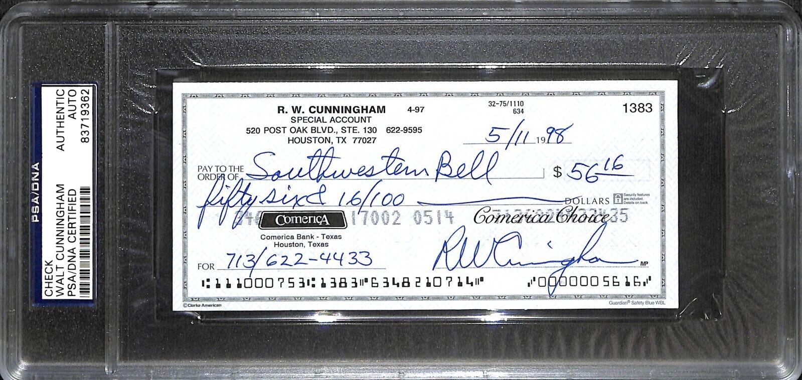 Walt Walter Cunningham Signed Personal Check PSA/DNA COA NASA Apollo 7 Autograph