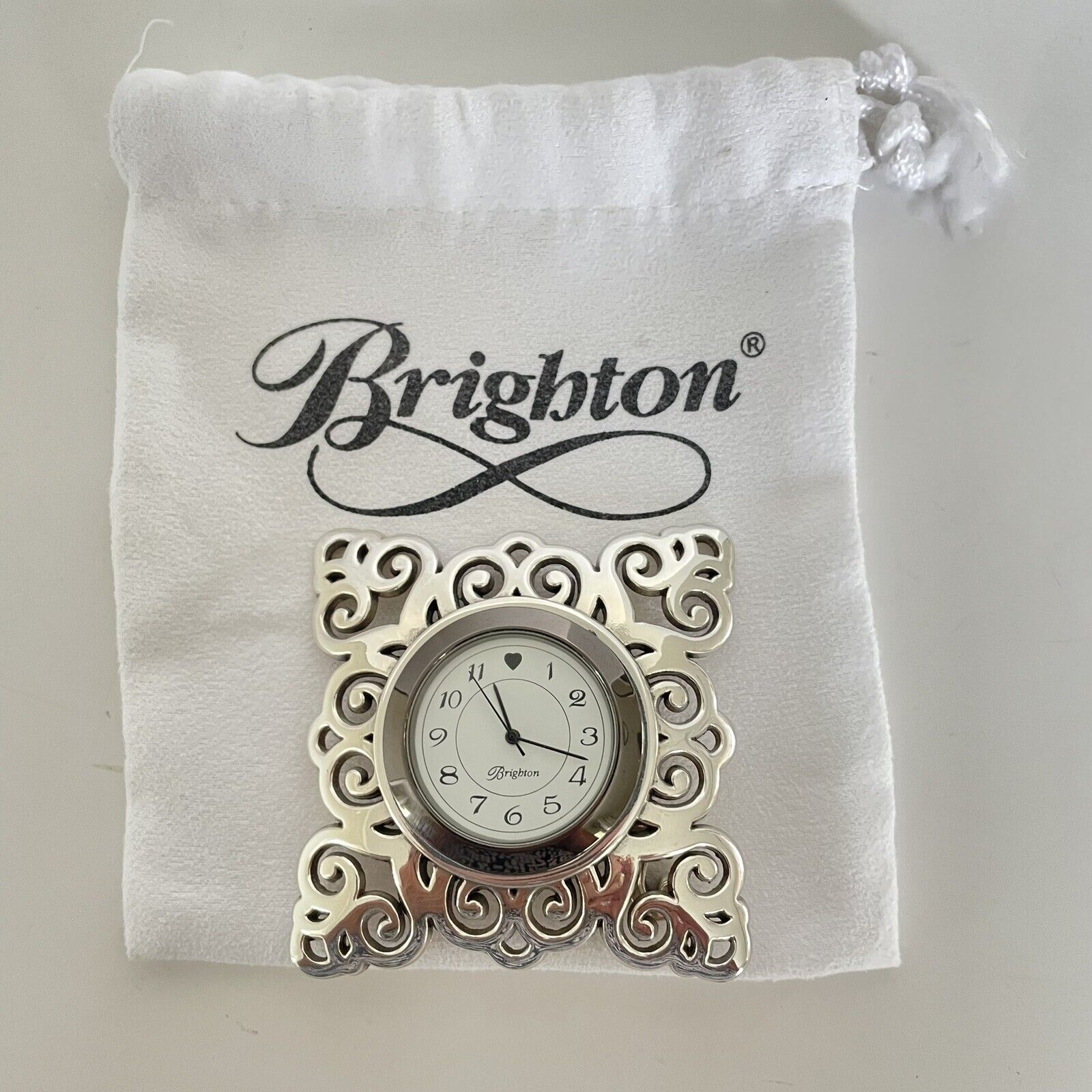 Brighton Geneva Ornate Silver Mini Desk Clock-BRAND NEW BATTERY-Works GREAT-GIFT