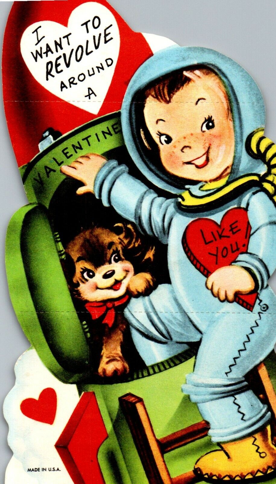 Valentine Anthropomorphic Rocket Outer Space Boy Dog VTG Christmas Greeting Card
