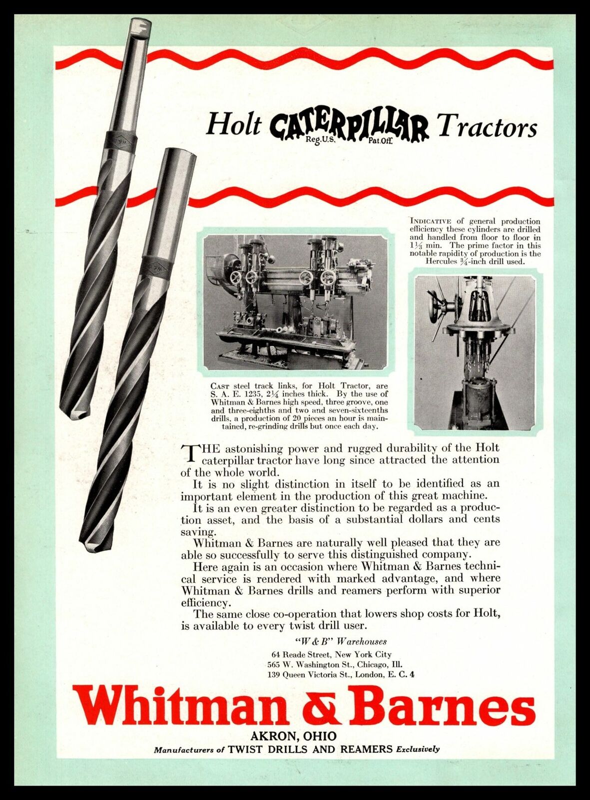 1922 Whitman & Barnes Akron Ohio Twist Drills Holt Caterpillar Tractors Print Ad