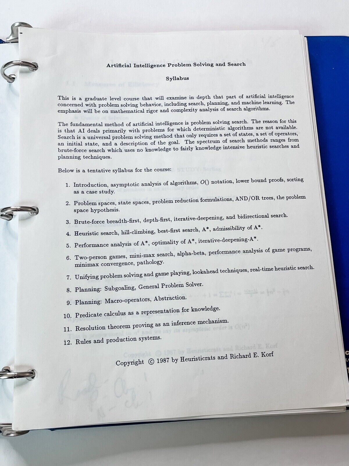 UCLA Artificial Intelligence Problem Solving  Search Student Binder 1987