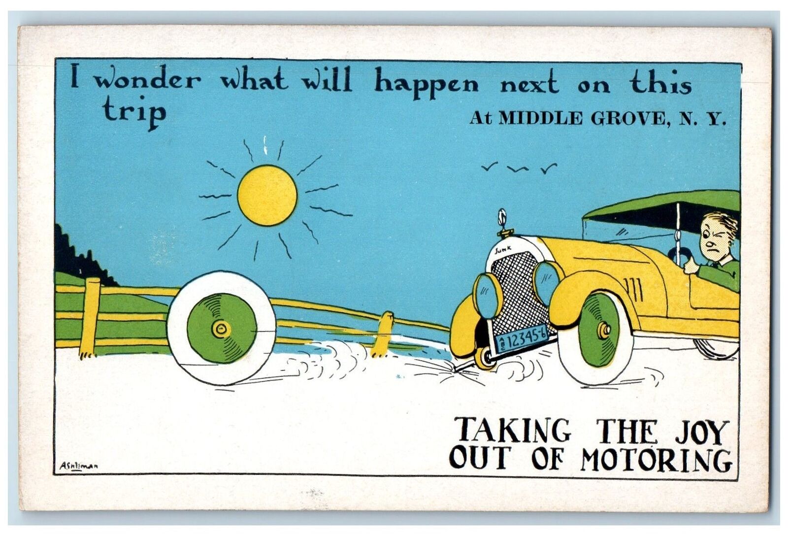 c1920's Taking The Joy Out Of Motoring Motor Comic Middle Grove NY Postcard
