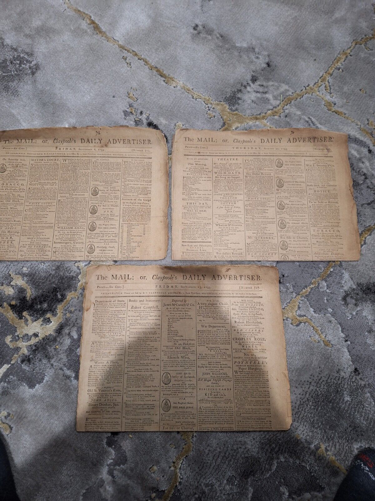 3 Extremely Rare 1793 Newspaper Print From Philadelphia
