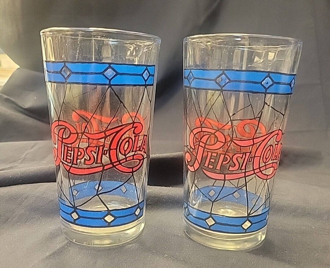 2 Pepsi Cola Glasses Vintage 1970\'s Tiffany Style Raised Stained Glass Tumblers