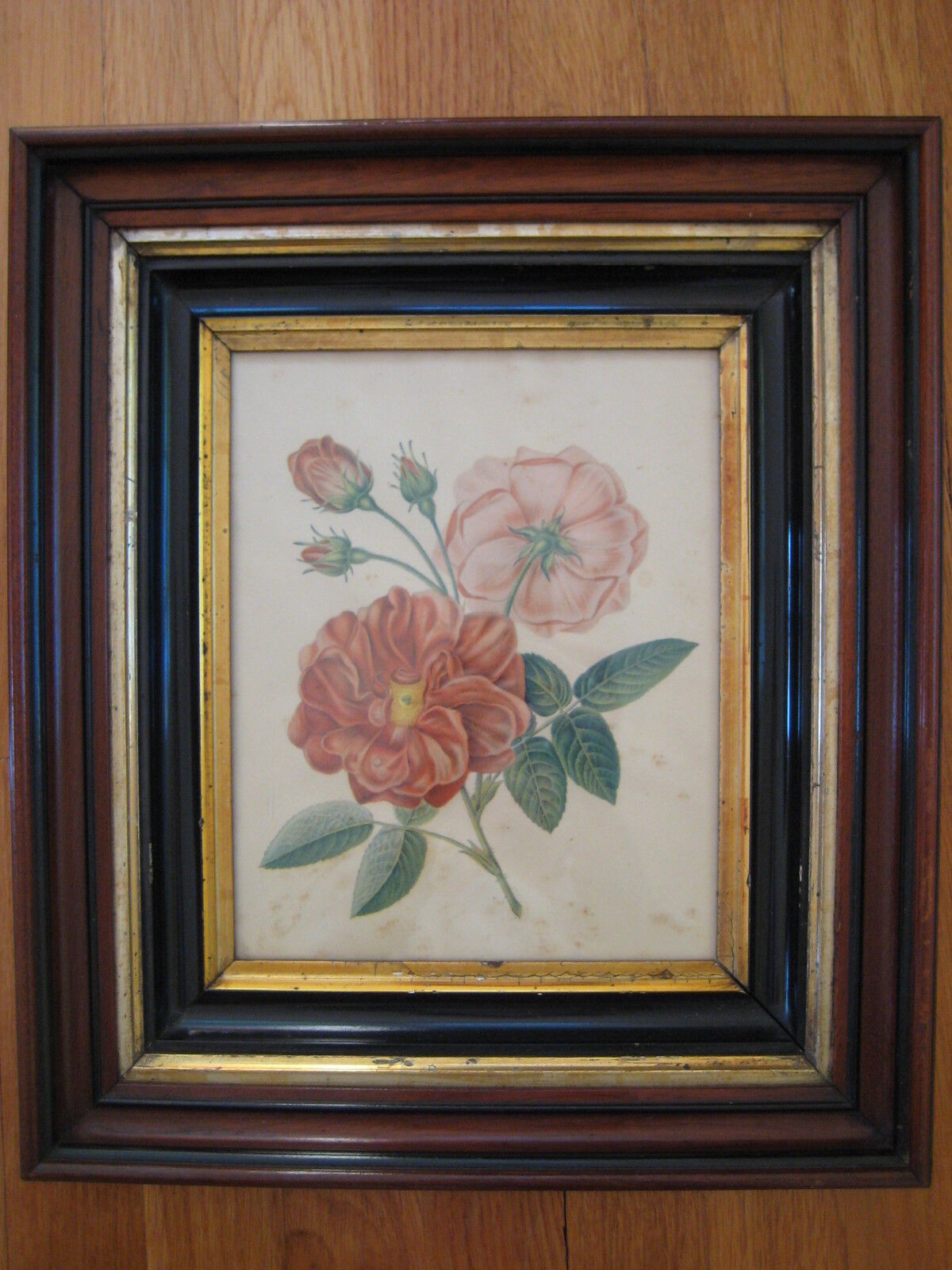 antique Pierre Redoute Les Roses PRINT red pink rose flower vtg wood gold frame