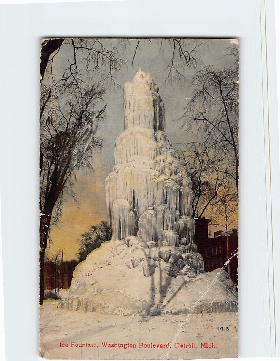 Postcard Ice Fountain Washington Boulevard Detroit Michigan USA