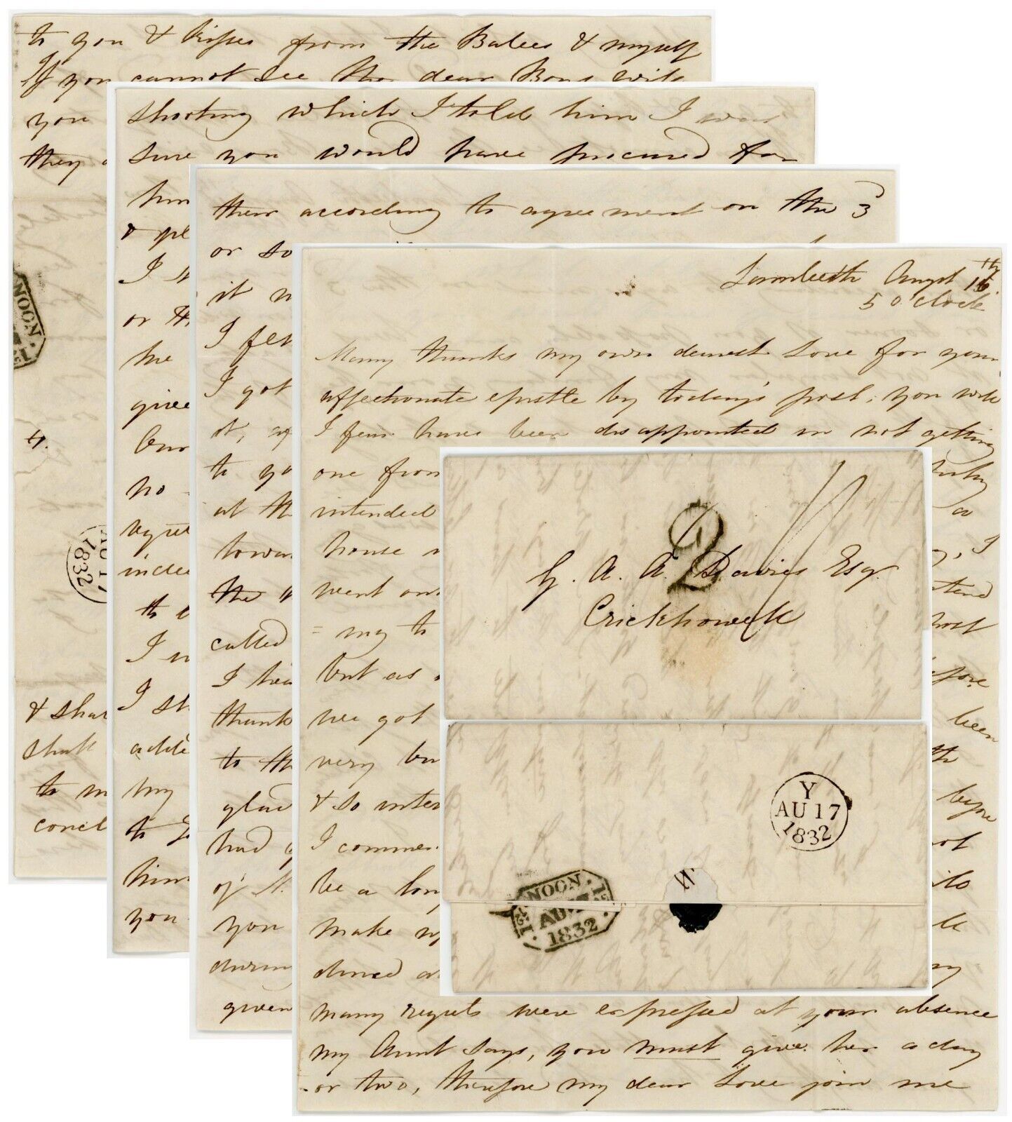 1832 FAMILY LETTER CAROLINE DAVIES LAMBETH to GEORGE in CRICKHOWELL PRESENTIMENT