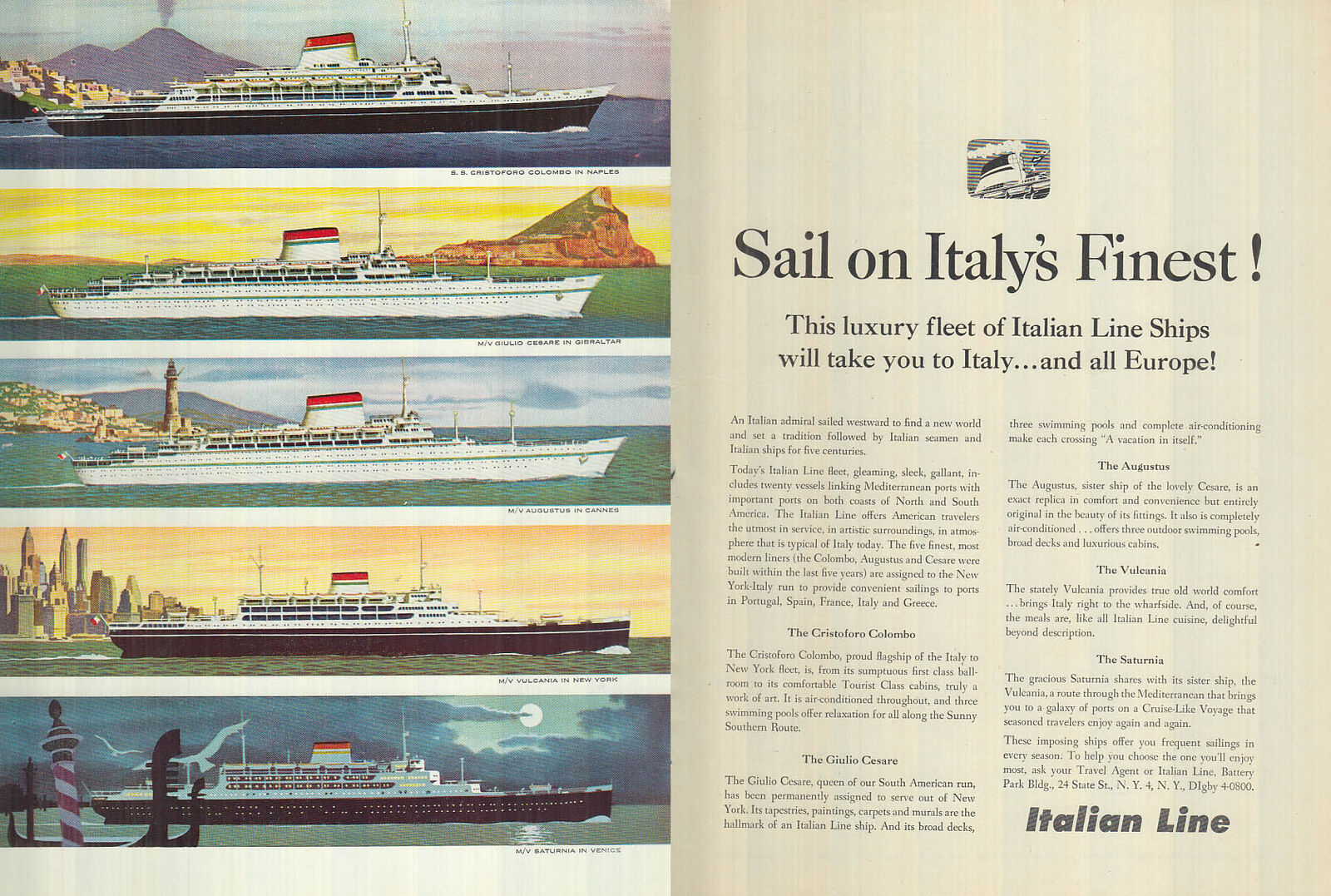 Sail on Italy\'s finest Italian Line S S Cristoforo Colombo et al ad 1956 NY
