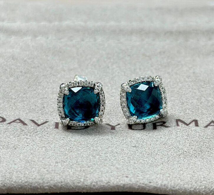 David Yurman Sterling Silver Chatelaine 9mm Hampton Blue Diamond Earrings