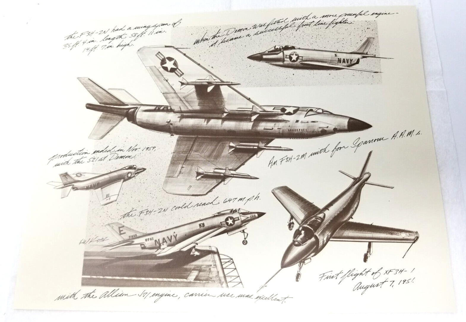 F3H-2M XF3H Plane Art Print Drawing McDonnell Douglas 1986 75th Anniversary