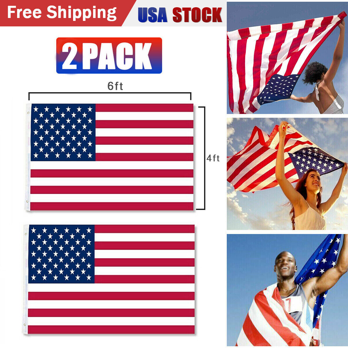 2pcs 4'x6' FT US American Flag~United States Flag with Grommets~USA America Flag