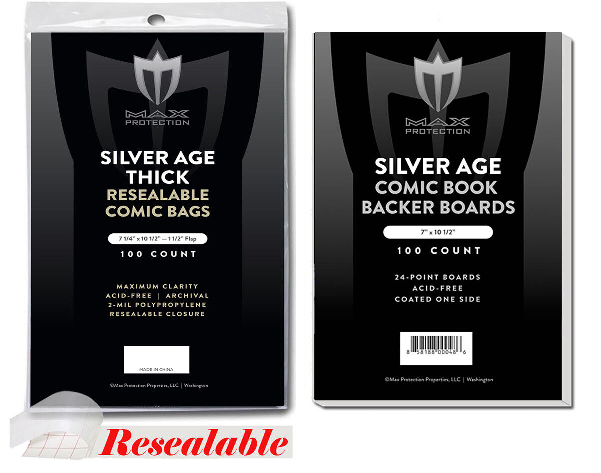 200 PREMIUM Resealable Silver THICK Comic Max Book Bags Acid Free Backer Boards