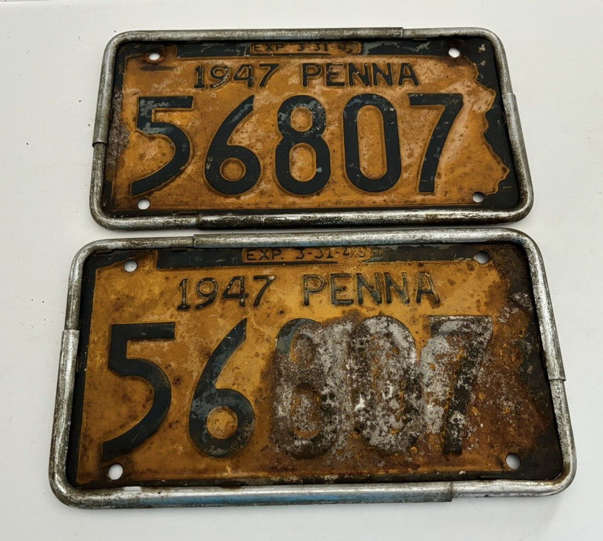 (2) Vintage 1947 Pennsylvania License Plates- 56807 Yellow