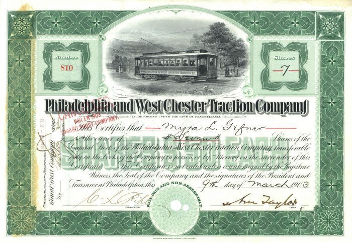 Philadelphia and West Chester Traction Co. - Railway Stock Certificate - Railroa