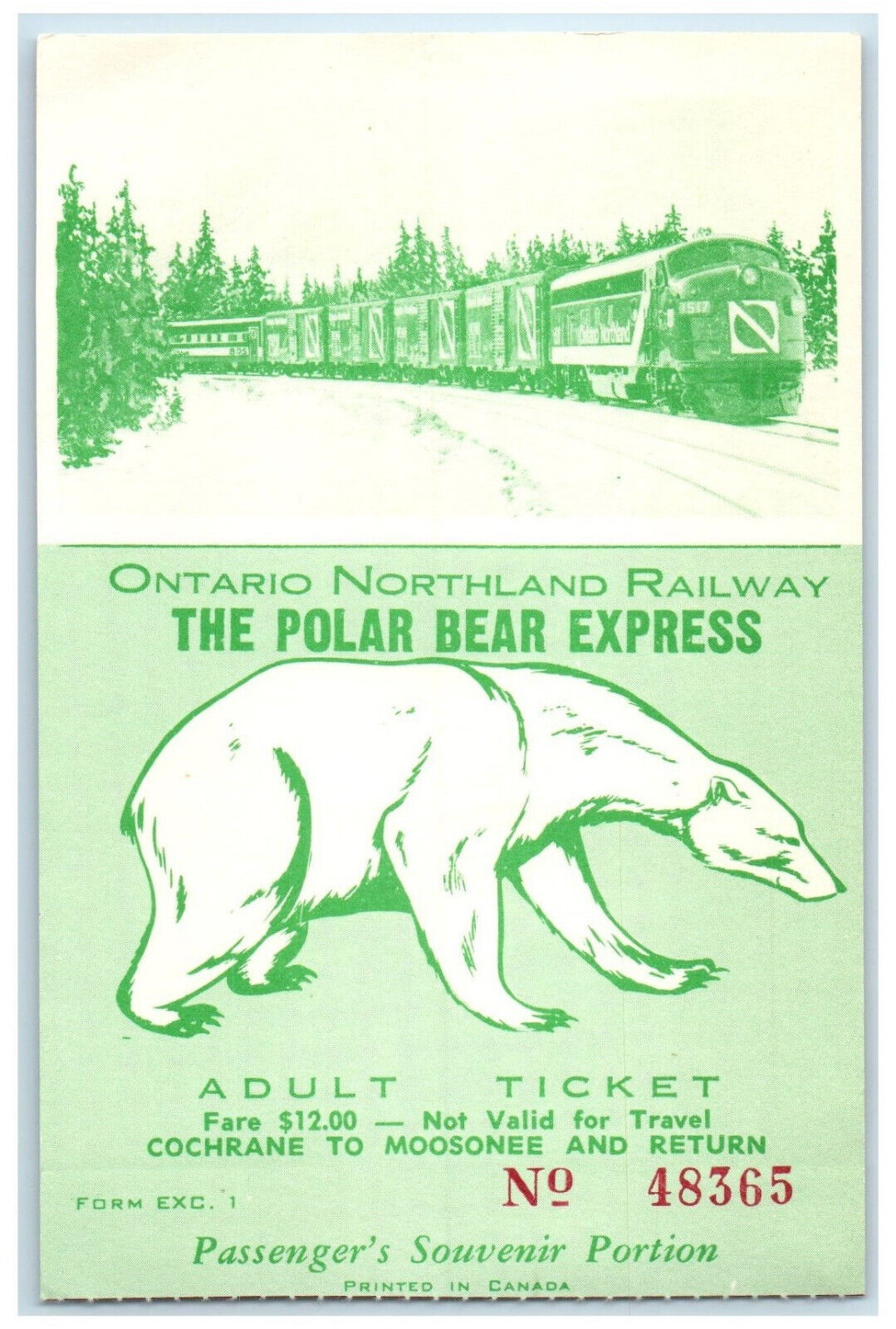 1971 Ontario Northland Railway Polar Bear Express Canada Ticket Postcard