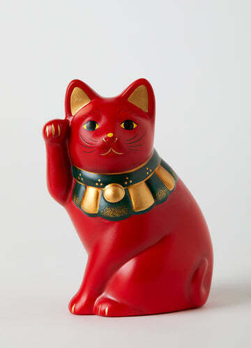 Japanese Hand Painted Lucky Cat SETO Maneki Neko 12cm Red Sit-Sideways Ceramics 