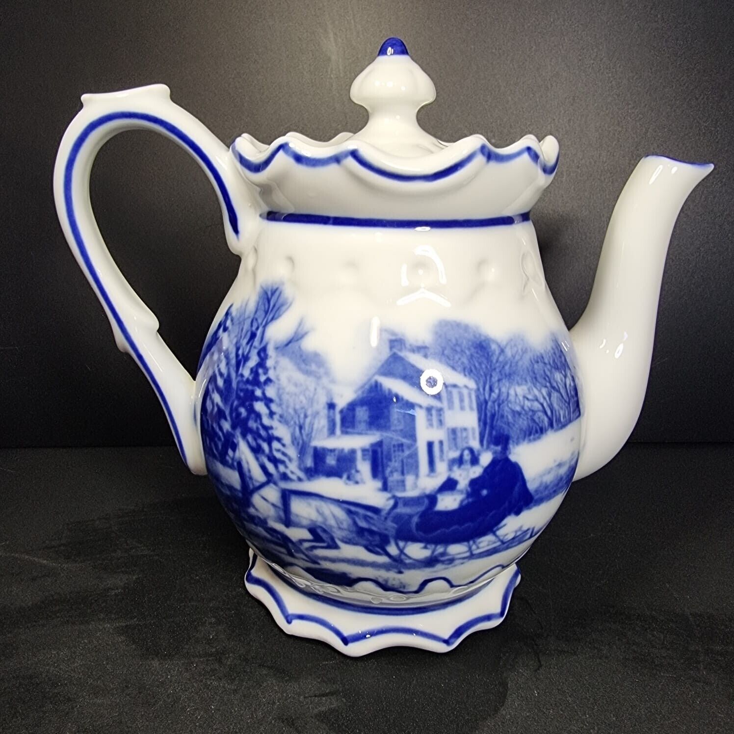 Tea Pot Cracker Barrel White Porcelain with a Blue Winter Homestead Scene