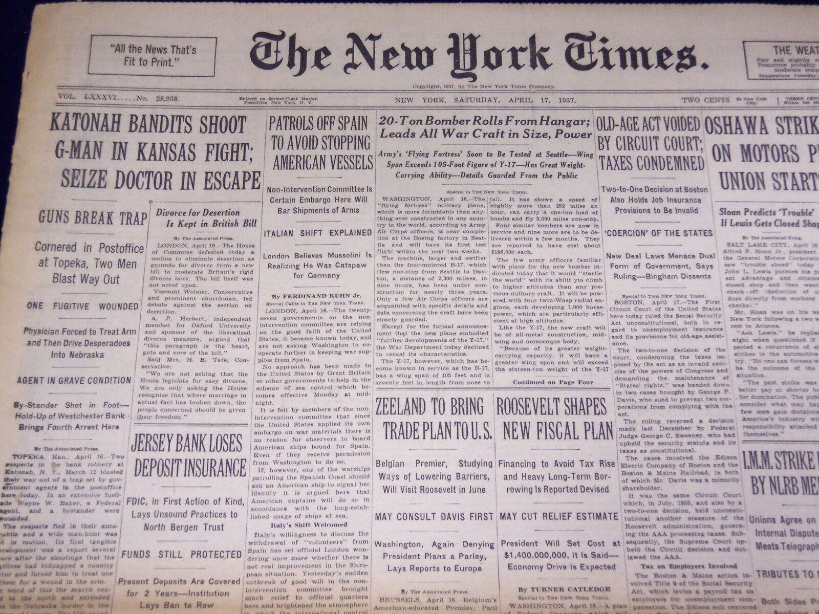 1937 APRIL 17 NEW YORK TIMES - KATONAH BANDITS SHOOT G-MAN - NT 3097