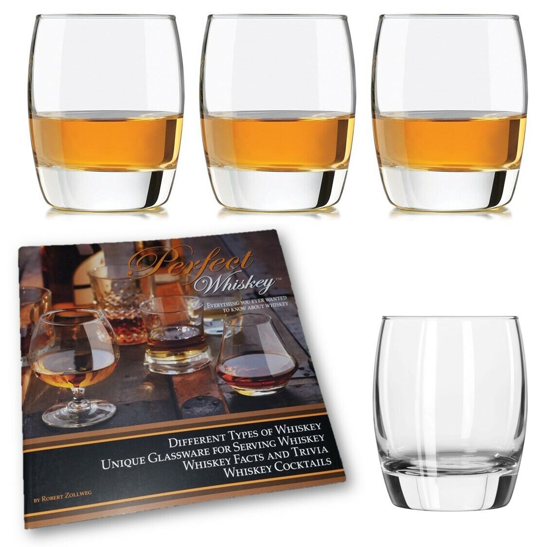 4-PC LIBBEY 9.5 OUNCE TASTING GLASSES & PERFECT WHISKEY SOFTCOVER RECIPE BOOK