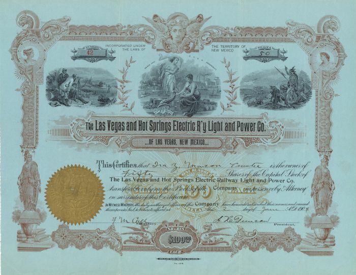 Las Vegas and Hot Springs Electric R'y Light and Power Co. - Stock Certificate -
