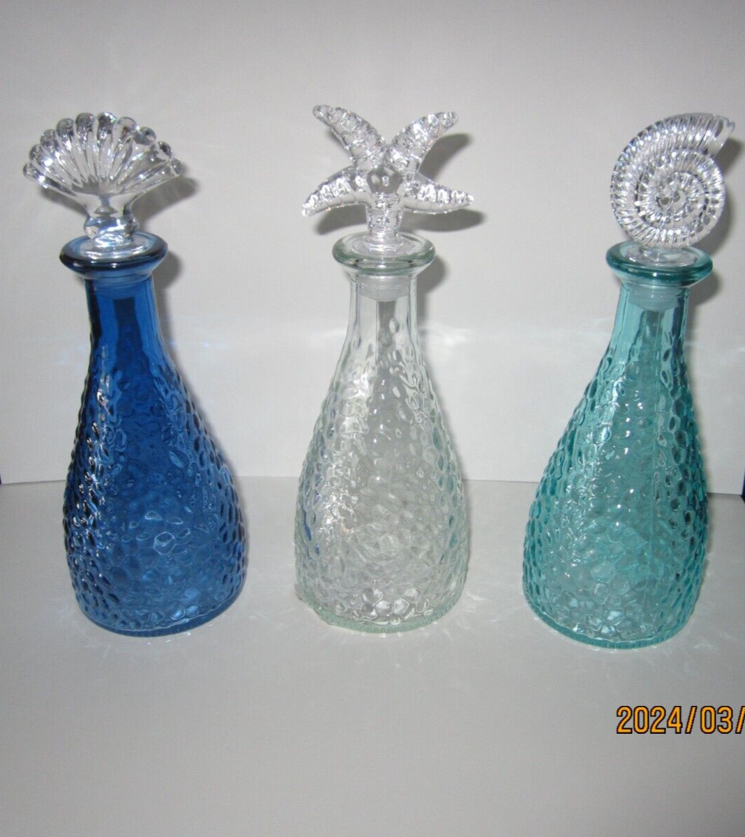 Set of 3 Aqua Green Glass Perfume Bottle w Stopper Sea Shell Nautical Beach 7.5\