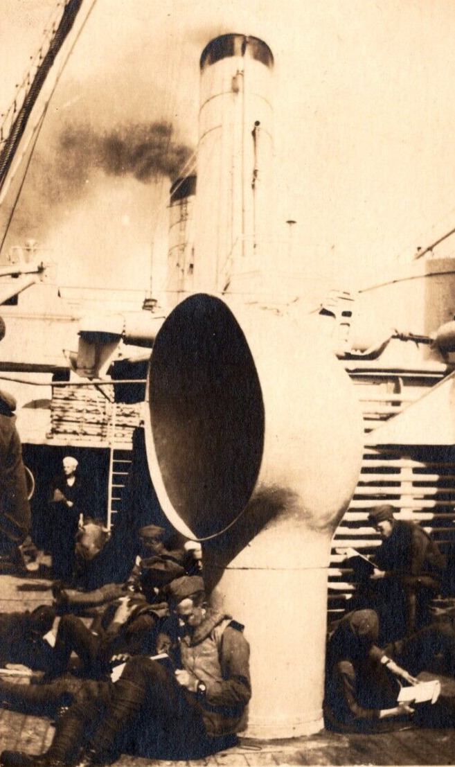 c1920s RPPC Servicemen Sit By Big Air Vent Ship Funnels Smokestacks VTG Postcard