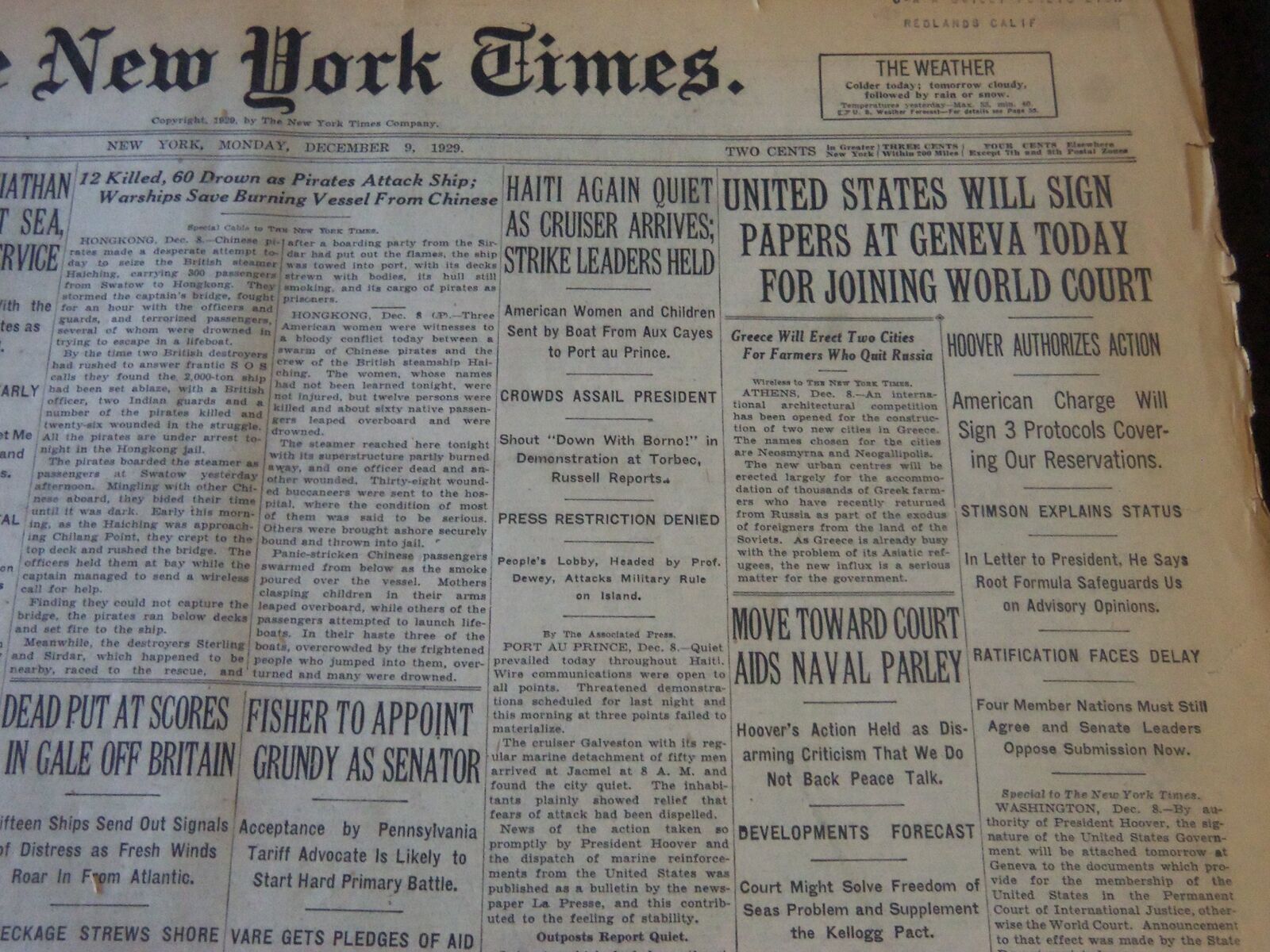1929 DEC 9 NEW YORK TIMES - U. S. WILL SIGN PAPERS AT GENEVA TODAY - NT 6563