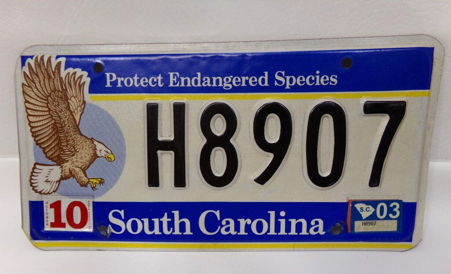 South Carolina PROTECT ENDANGERED SPECIES License Plate BALD EAGLE H8907 SC Tag
