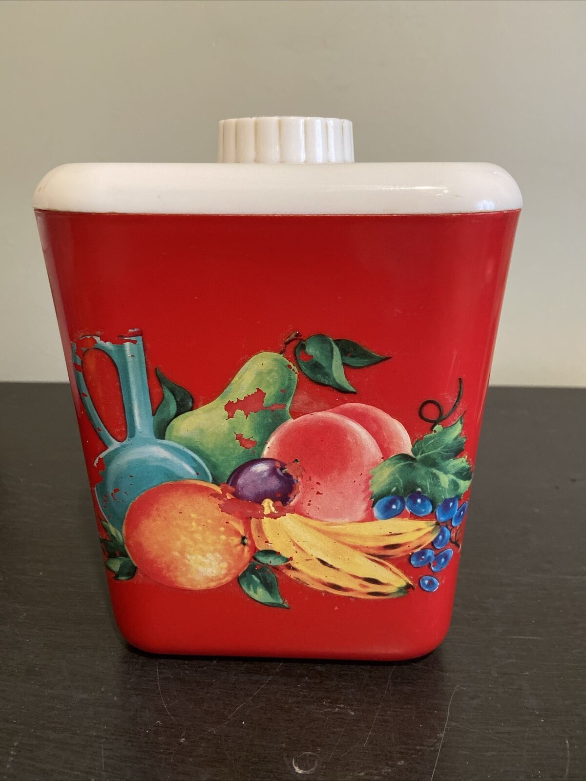 Vintage Lustro Ware Red canister Fruit Pattern Size #112  7.5”H