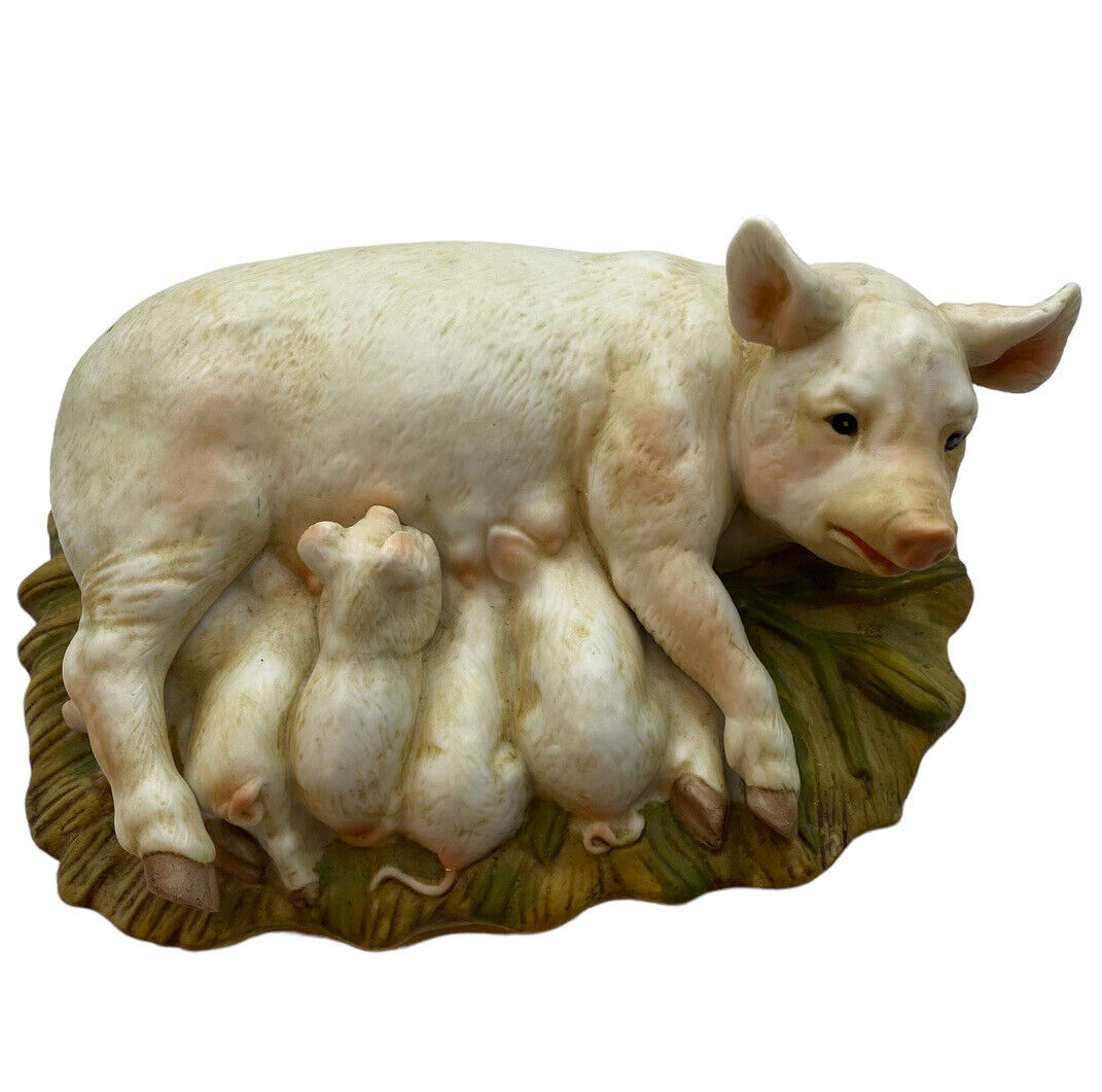 1985 Homco Masterpiece Porcelain Mama Pig Feeding Babies Figurine Signed Mizuno