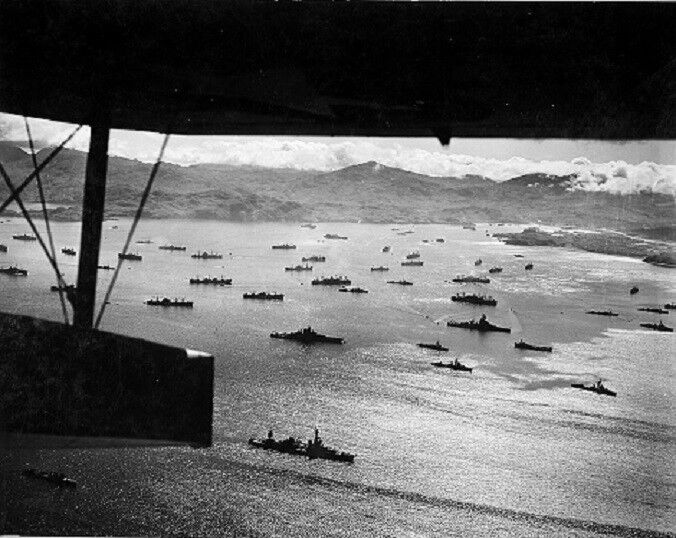 View from Catalina over US Fleet of Ships Adak Harbor 8x10 WWII WW2 Photo 723
