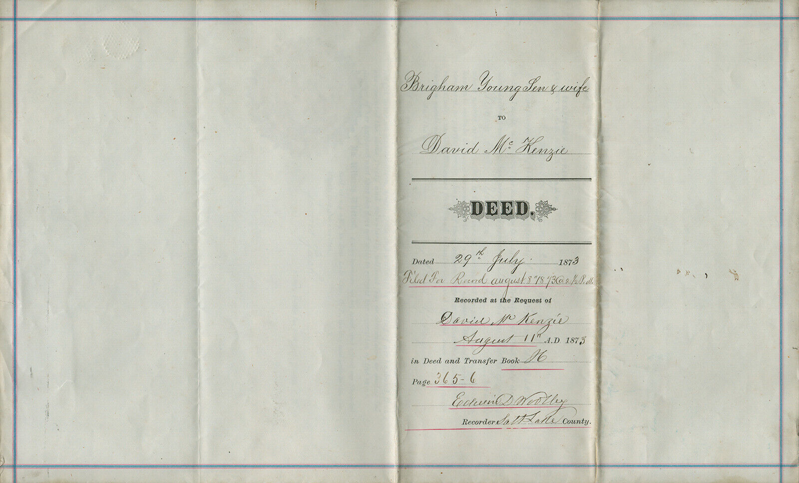 BRIGHAM YOUNG - DEED SIGNED 07/29/1873 CO-SIGNED BY: MARY ANN YOUNG