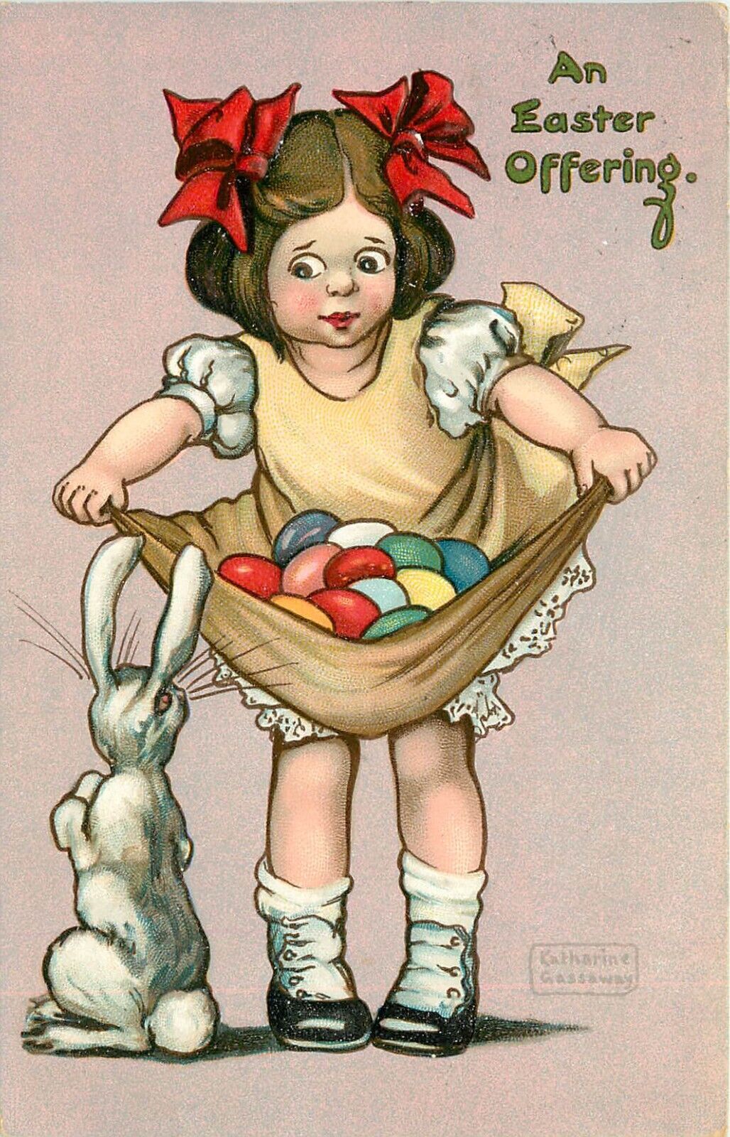 Tuck Easter Postcard 130 Katherine Gassaway, Rabbit & Girl w/Skirt full of Eggs
