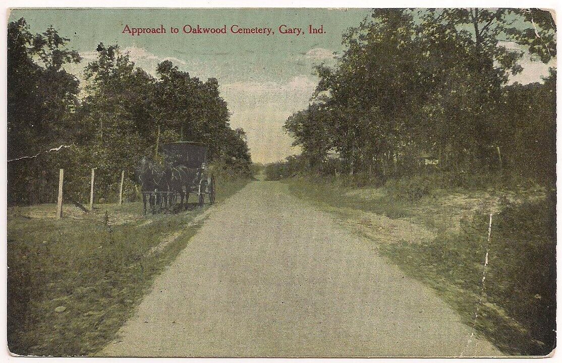 Postcard IN Horse & Carriage, Oakwood Cemetery, Gary, Lake Co. Indiana, Fiatt IL
