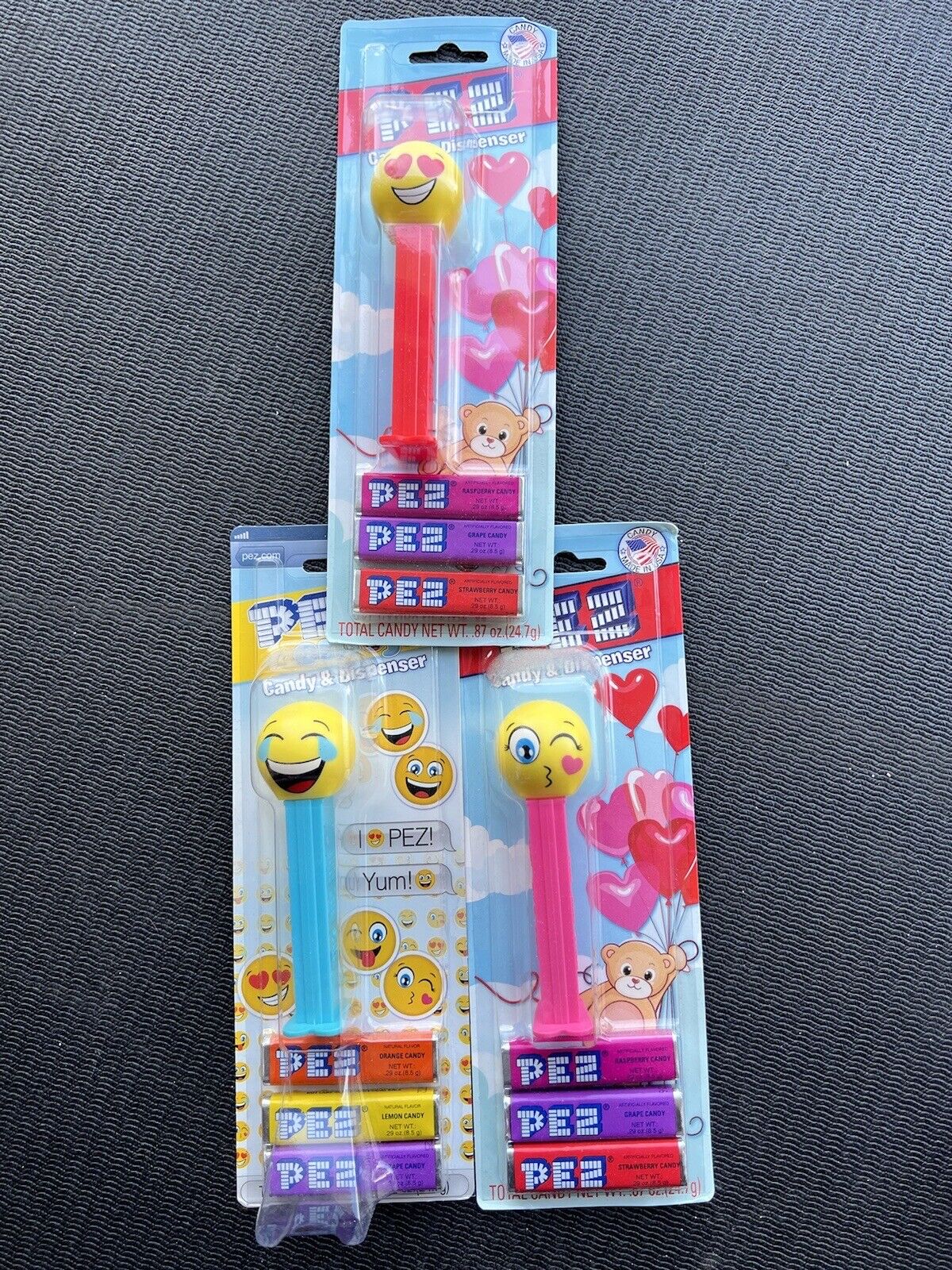 PEZ Dispenser Smiling COOL Emoji LMFAO Valentine’s Heart Eyes Kiss Set Candy