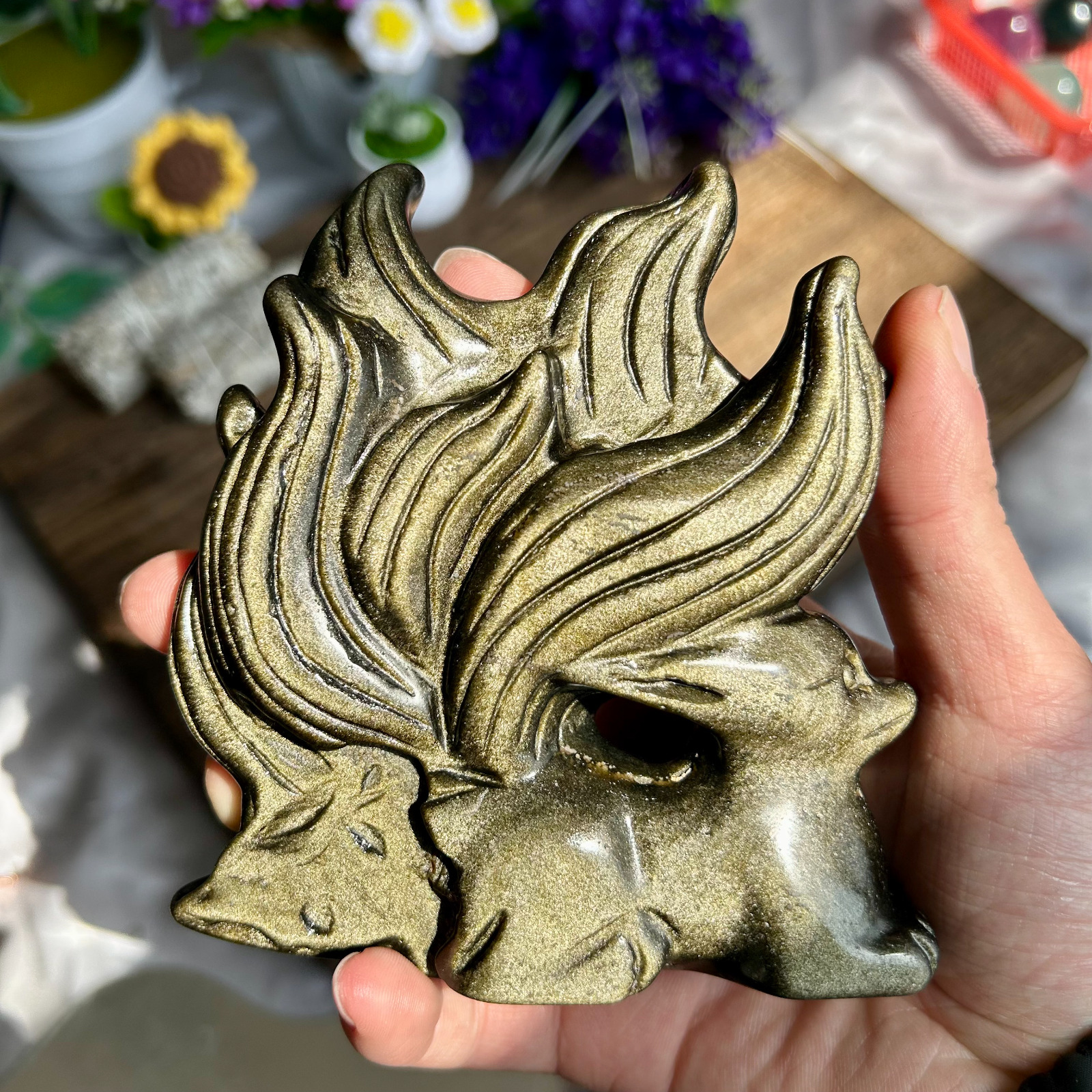 480g Natural Golden Obsidian Hand Carved Nine-tailed Fox Crystal Reiki healing