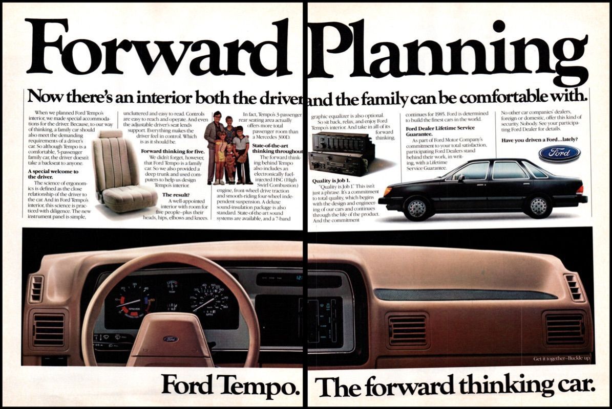 1985 Ford Tempo Sedan Forward Planning 2 Page Vintage Print Ad Car Dash Wall Art