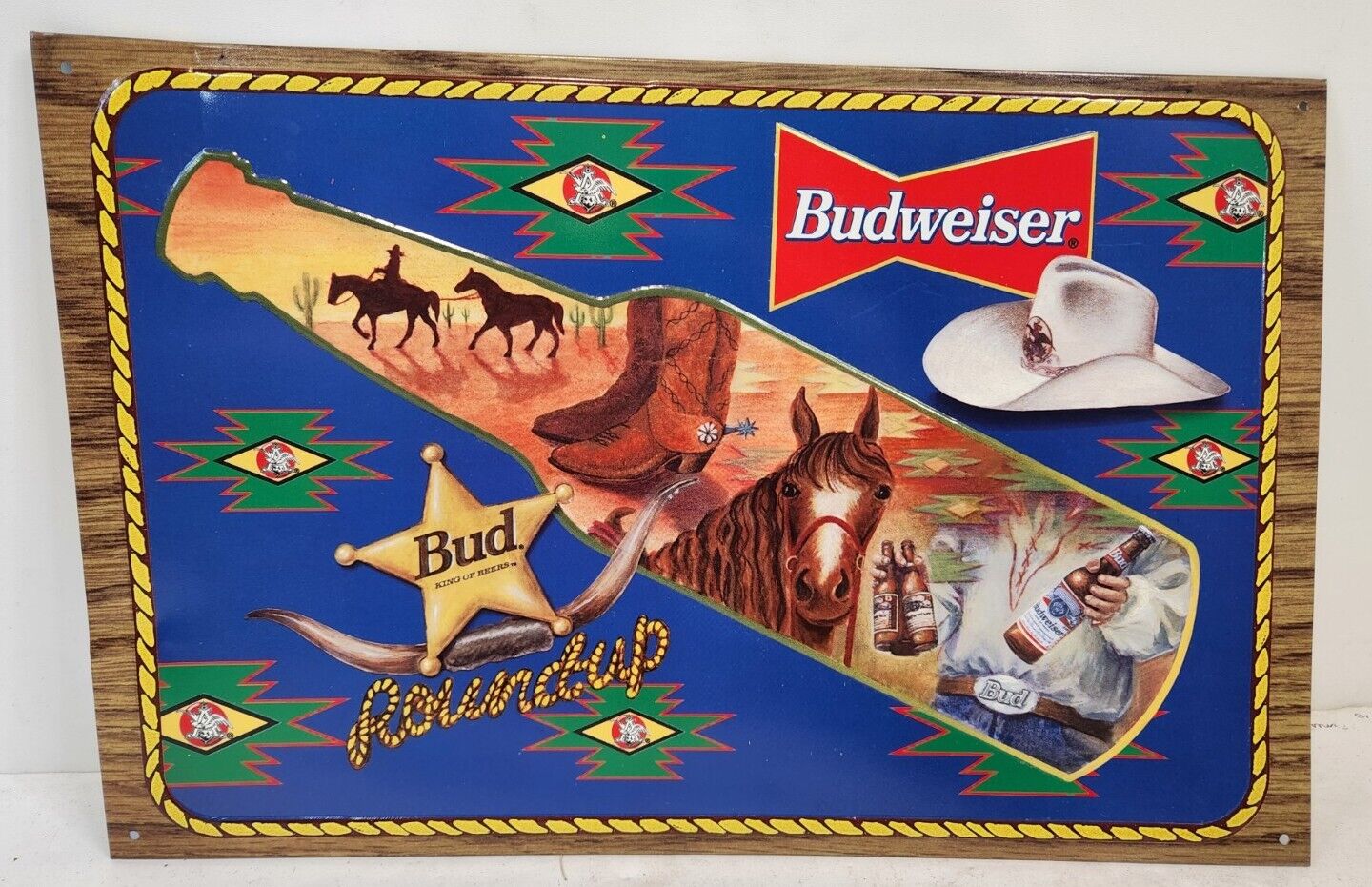 Vintage 1996 Budweiser Roundup Metal Sign Western Cowboy 15