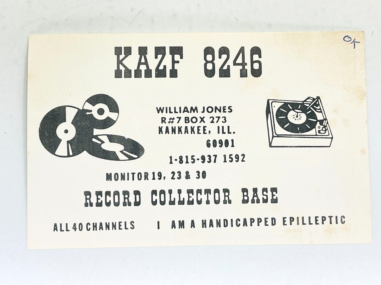 Vintage QSL Card Ham CB Amateur Radio William Jones KAZF 8246 Record Collector