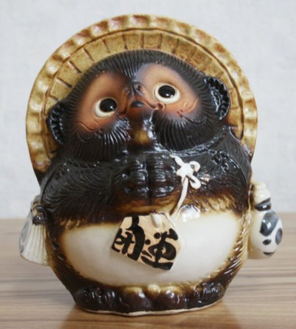 Shigaraki ware Tanuki Japanese Raccoon Dog Figurine Pottery Lucky Charm Statue