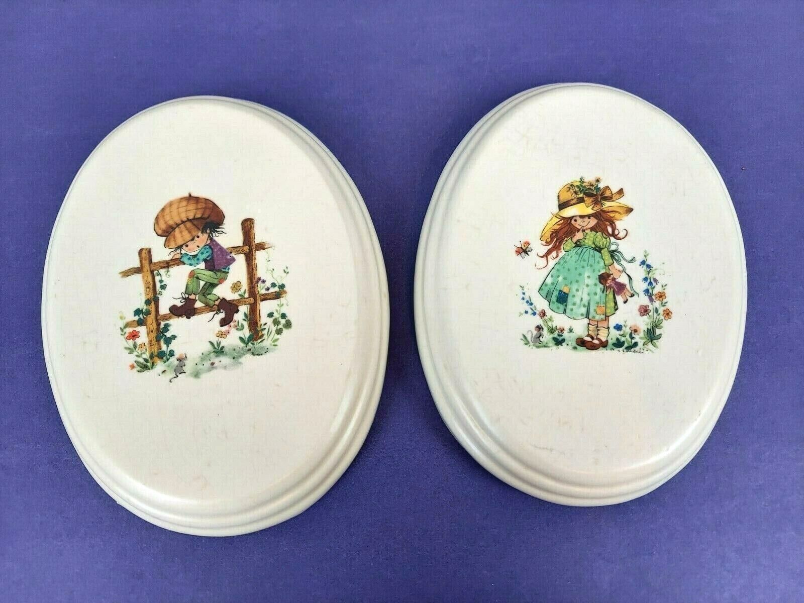 Two(2) Vintage Gottschlich Boy Climbing Fence Curious Girl Decor Plaques 