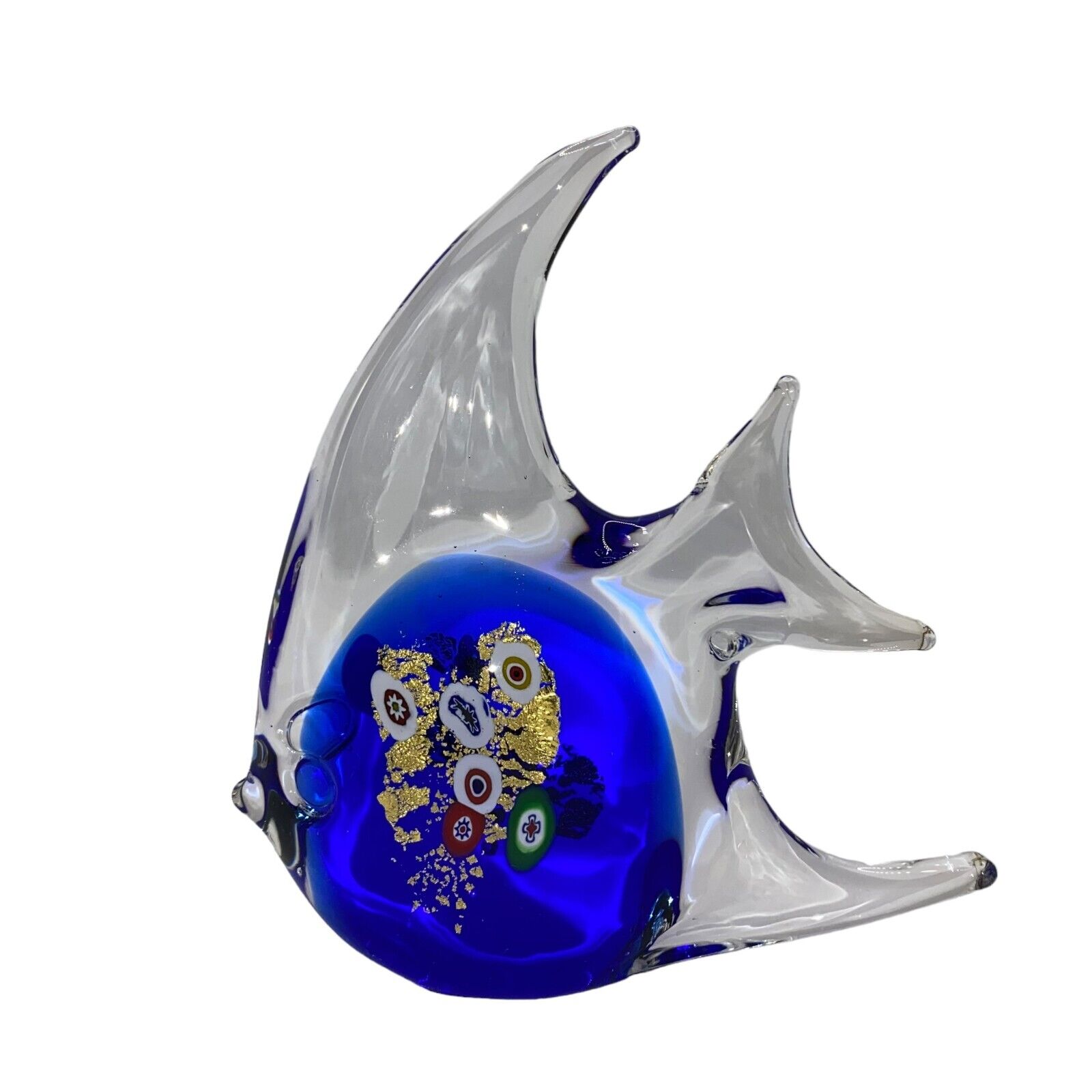 Glass Fish Paperweight Figurine Gold Flakes Blue Clear Fins Tail 5 1/2\