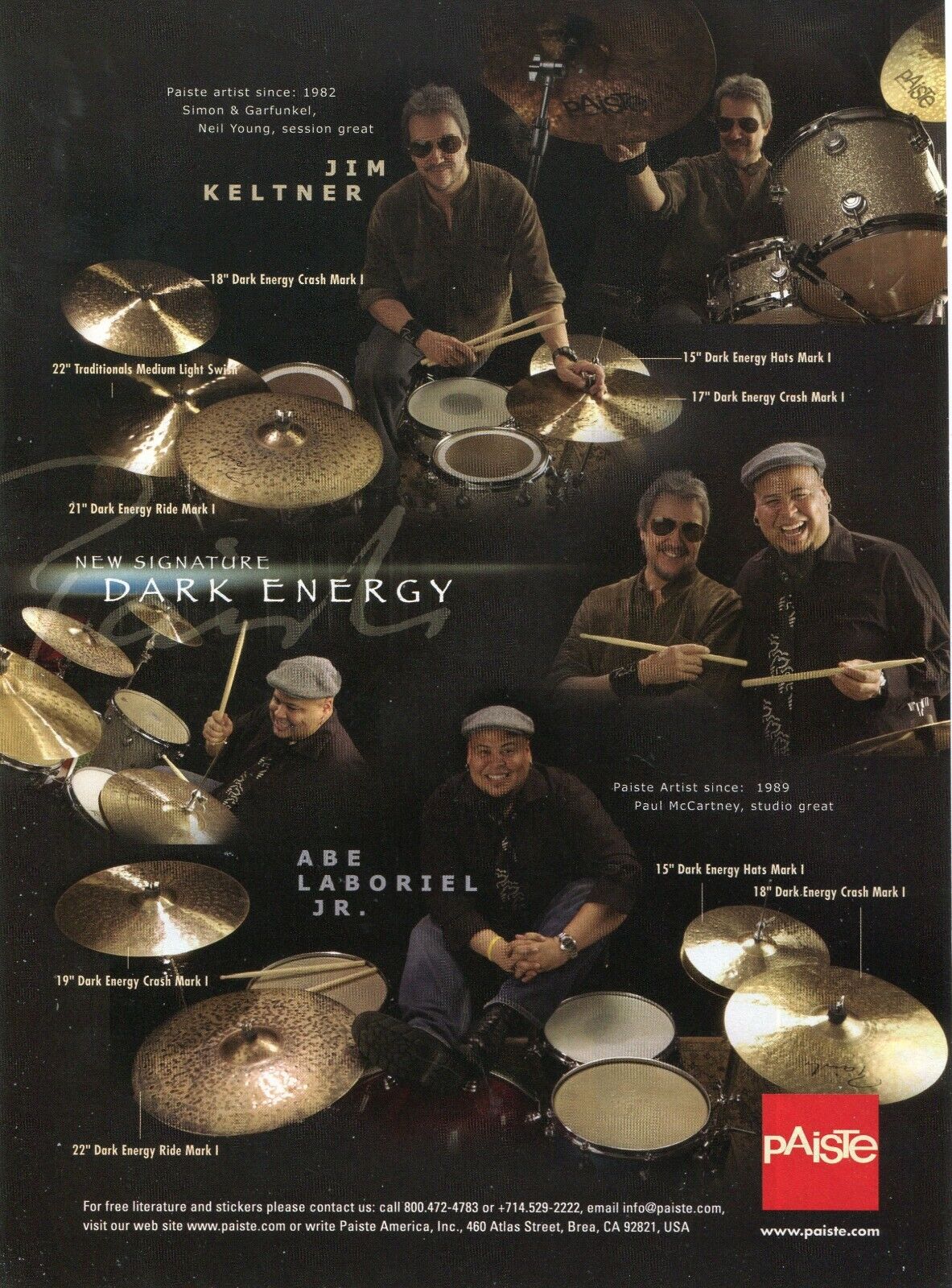 2006 Print Ad of Paiste Dark Energy Drum Cymbals w Jim Keltner & Abe Laboriel Jr